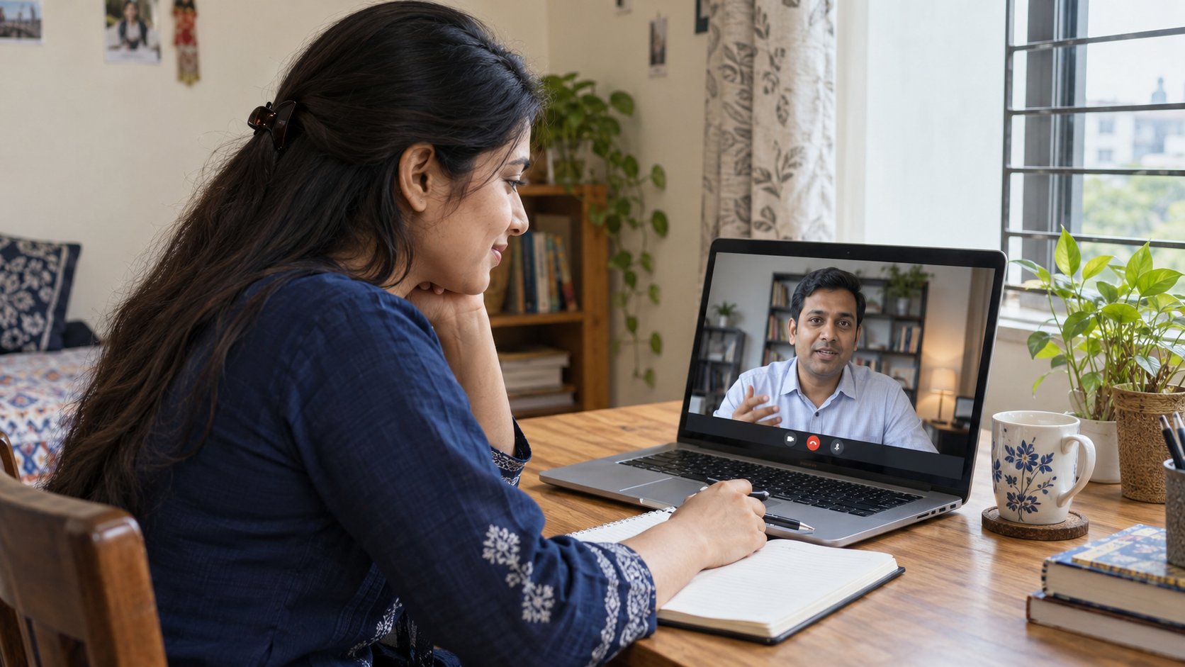 AI-generated example of a sales learner speaking with a mentor on a video call.