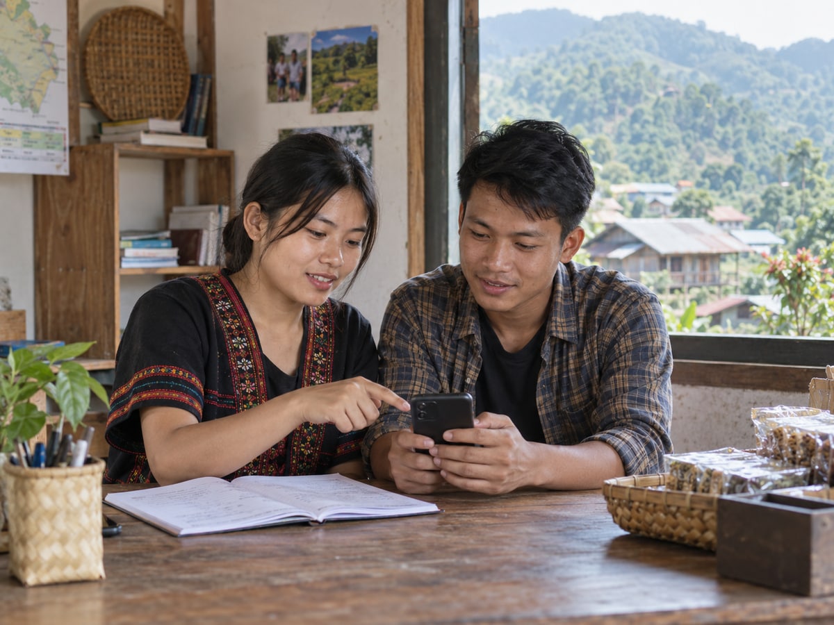 Two young learners practising together in a modest hill-region community workspace in Bangladesh