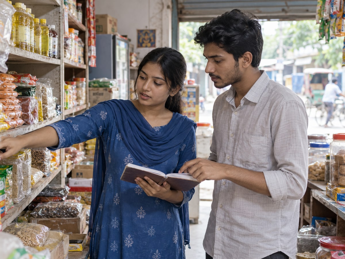 Two young new hires, a woman and a man, learning stock handling in a Bangladesh retail shop