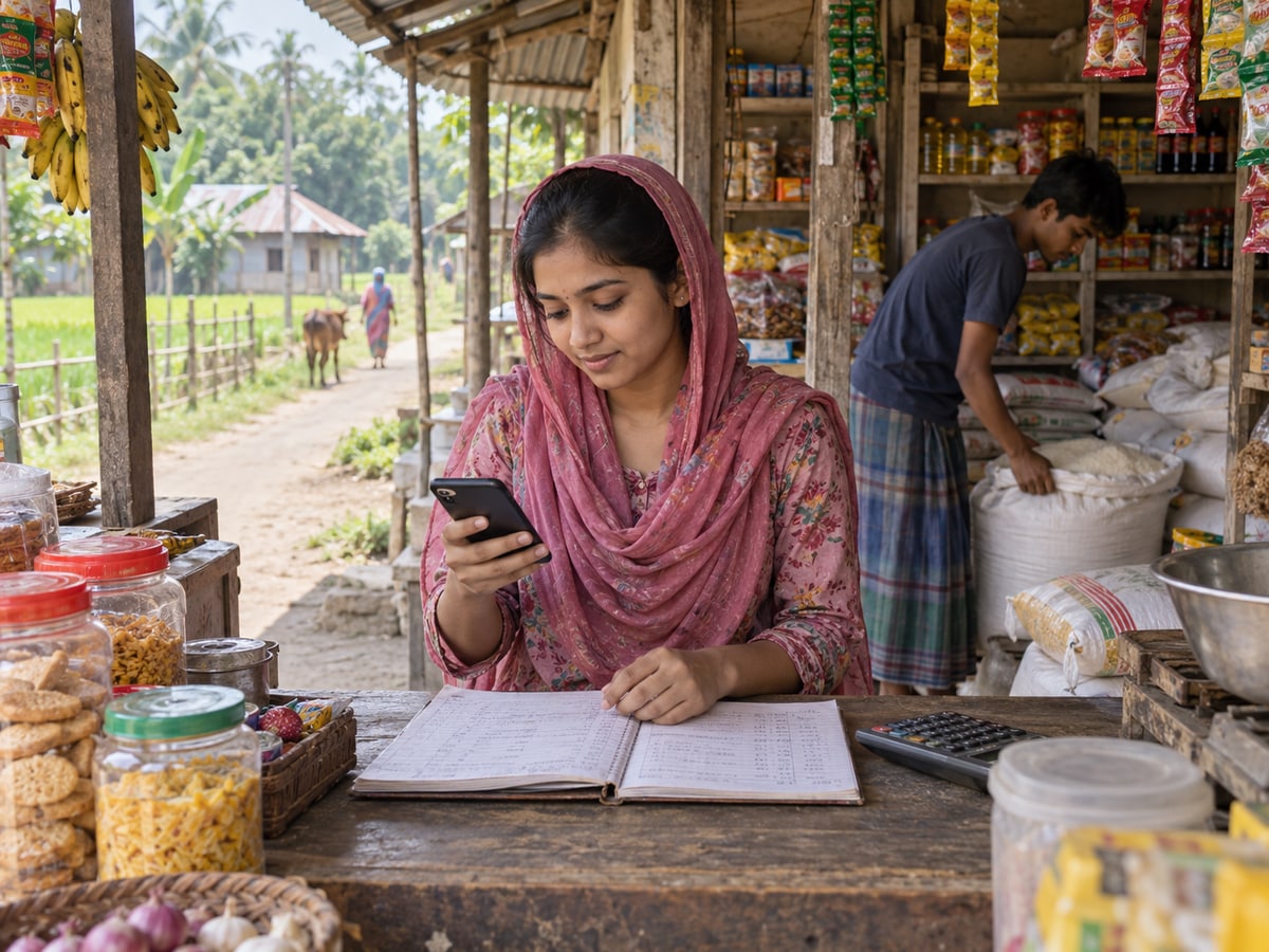 A rural worker using her phone and shop ledger in a Bangladesh village grocery